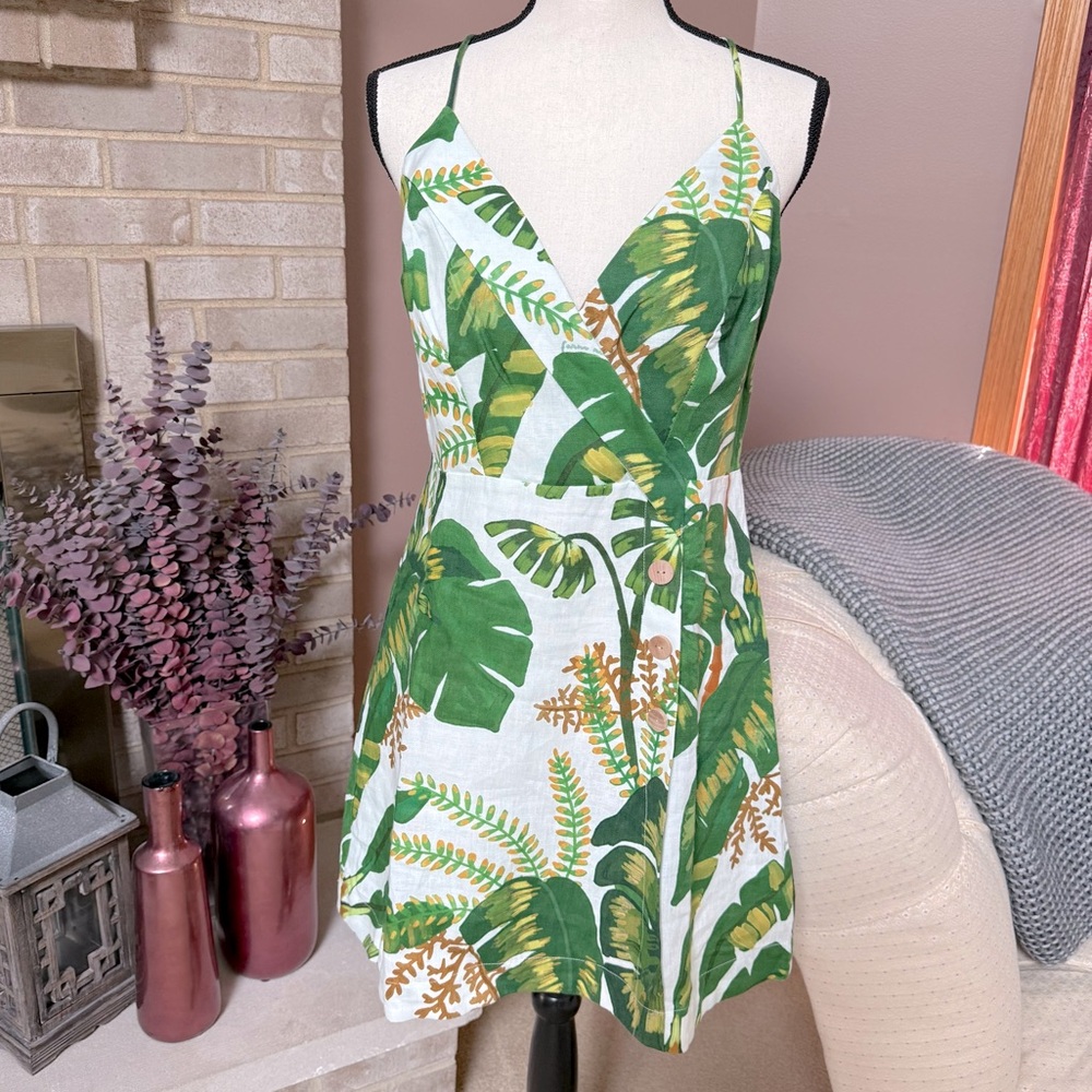 FARM RIO Tropical Forest Off White Mini Dress - Green Tropical Print